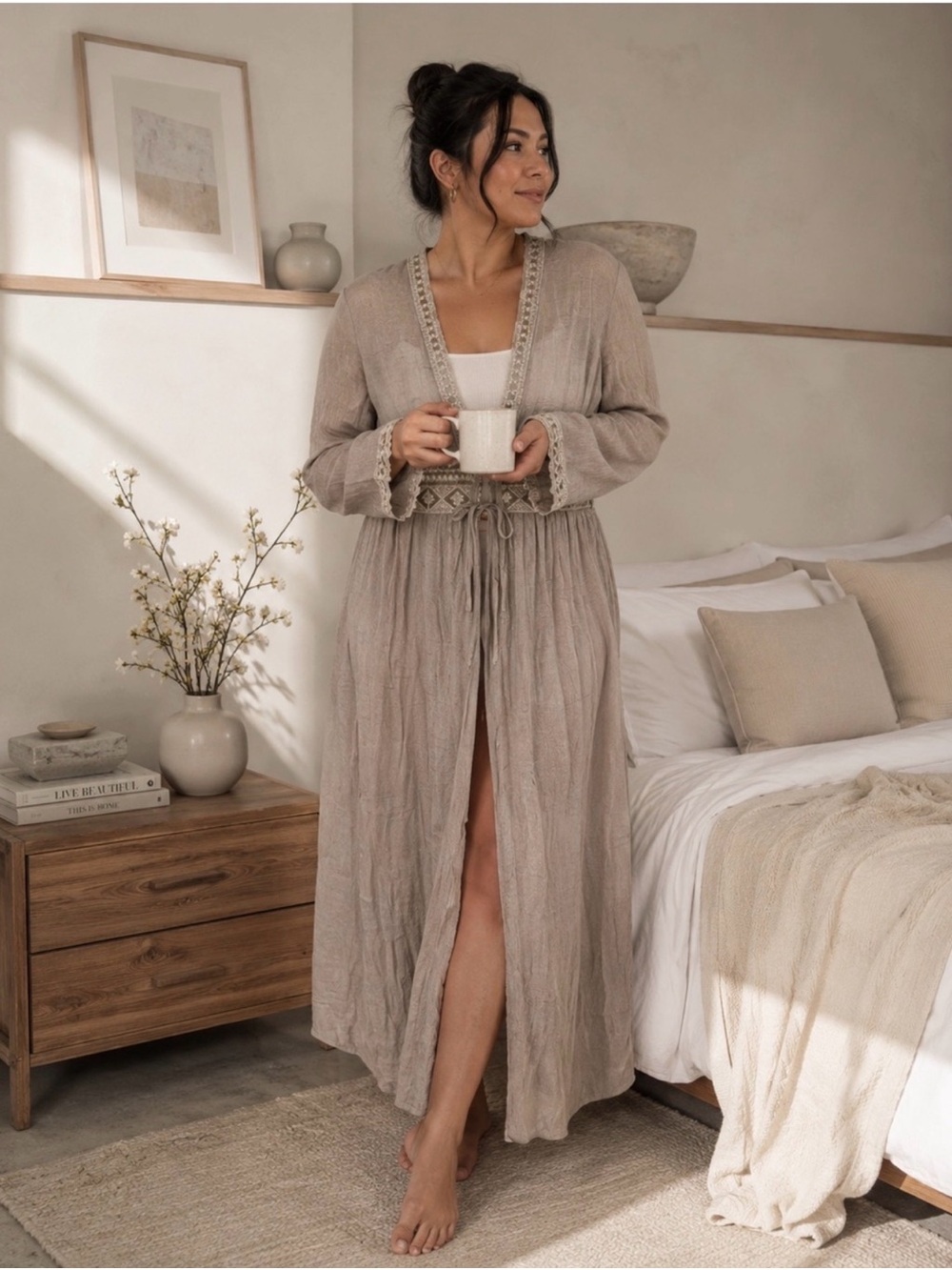 031 Rebellion Again Tie-Front Kimono Cover-Up Crochet Lace XS Tan